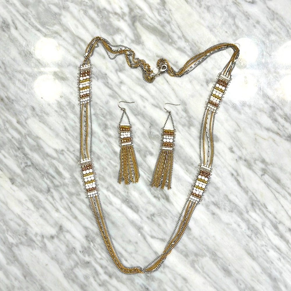 Stella & Dot necklace and earring set. Mixed metal and white stones